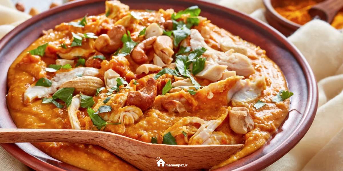 خورش کاری مرغ با بادام هندی