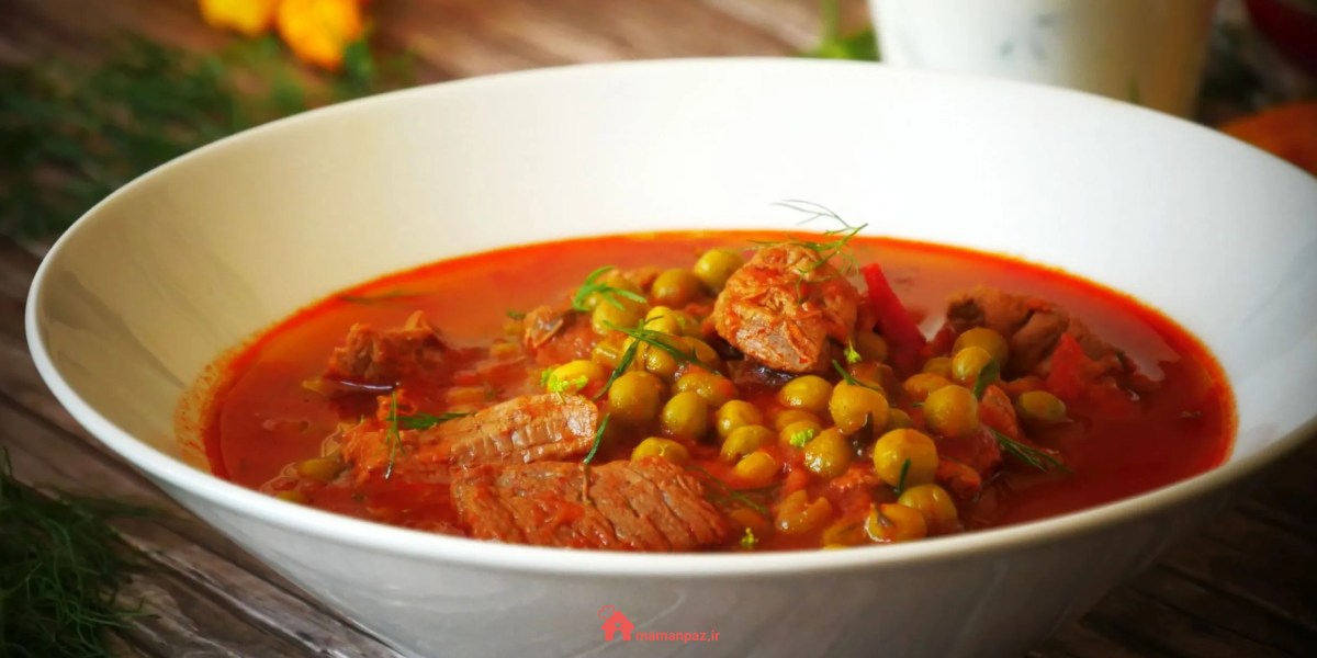 خوراک نخود فرنگی با گوشت تکهای